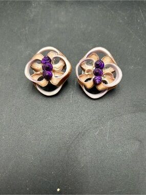 Handcrafted Purple and Gold Floral Clip-On Earrings